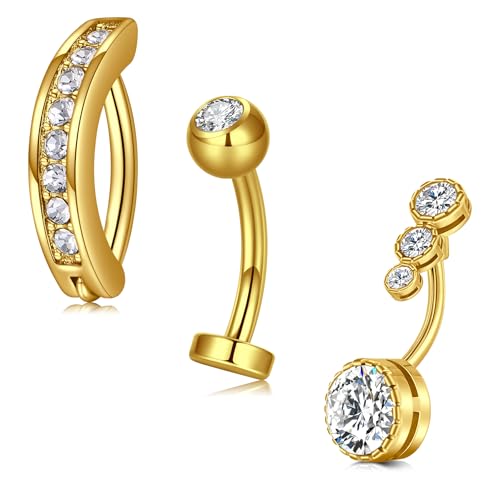 VCMART Belly Button Ring Belly Button Piercing Belly Rings Dangle Belly Button Rings Surgical Steel Clicker Floating Belly Button Rings for Women 14G Silver Gold Belly Navel Piercings Jewelry - color: A6 -3pcs, gold