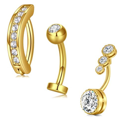 VCMART Belly Button Ring Belly Button Piercing Belly Rings Dangle Belly Button Rings Surgical Steel Clicker Floating Belly Button Rings for Women 14G Silver Gold Belly Navel Piercings Jewelry - color: A6 -3pcs, gold
