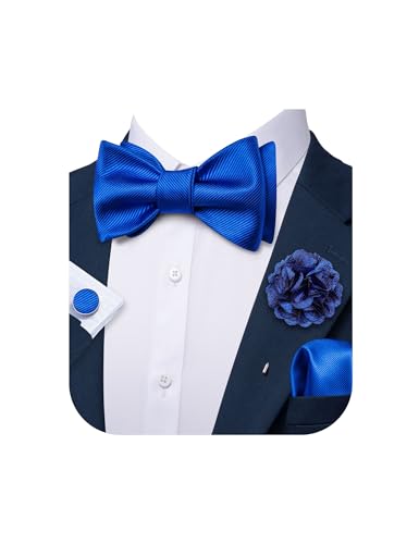 YOHOWA Bow Ties for Men Self-tied Silk Bowtie Solid Color with Lapel Pin and Handkerchief Cufflinks for Wedding Party Prom - color: Soild Deep Blue