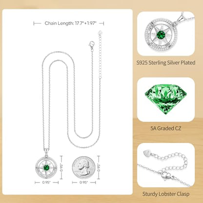 Peeshow Compass Birthstone Necklace for Women Wife, S925 Sterling Silver Gift for Wife Wedding Anniversary Birthday Gifts for Women Jewelry for Her Girlfriend I'd be Lost without You - style: 05-May-Emerald