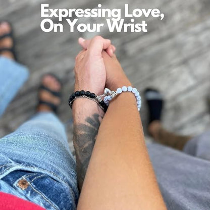 Set Of 2 Couples Bracelet Magnetic Healing Natural Bead Stone Stretch Bracelet Unisex Anniversary, Friendship, Valentine, Christmas Gift - color: Black+Howlite, style: Without Giftbox