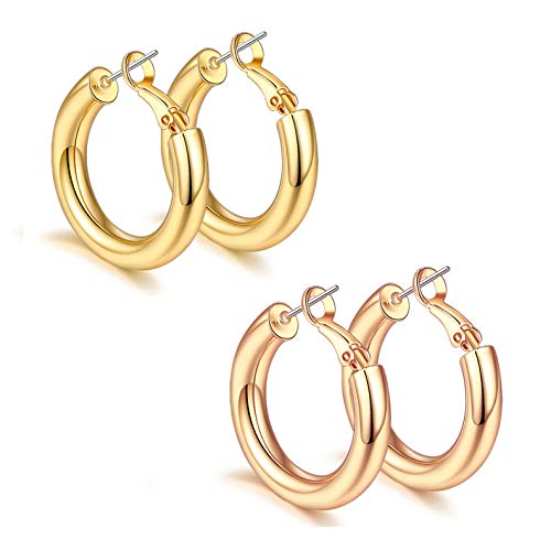 sovesi Chunky Hoop Earrings for Women, 14K Gold Plated Thick Hoops | 5mm Thick Hollow Tube Chunky Lightweight Hypoallergenic Hoop Earrings for Women - style: Gold and Rose Gold 25MM