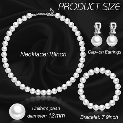 3 Pcs Pearl Jewelry Set Faux Pearl Clip on Earring Necklace Bracelet for Women Bridesmaid Birthday Wedding Gift - color: White, size: 12 mm