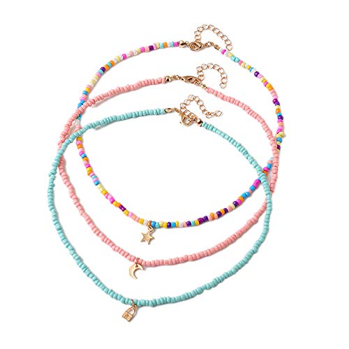 Handmade Multilayered Rainbow Colorful Beads Link Chain Moon Star Butterfly Pendant Choker Necklace Friendship Creative Beach Costume Jewelry for Women - color: pink