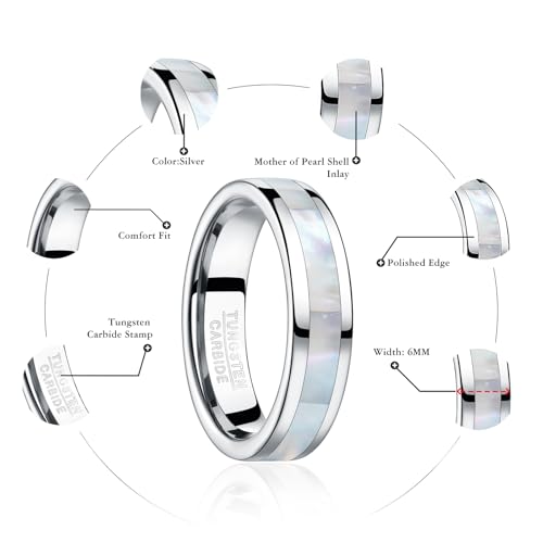 Vakki 4mm 6mm Womens Rose Gold Tungsten Carbide Ring with Mother of Pearl Shell/Marble Inlaid Wedding Band Comfort Fit Size 5-12 - color: F-6mm-Mother of Pearl & Silver