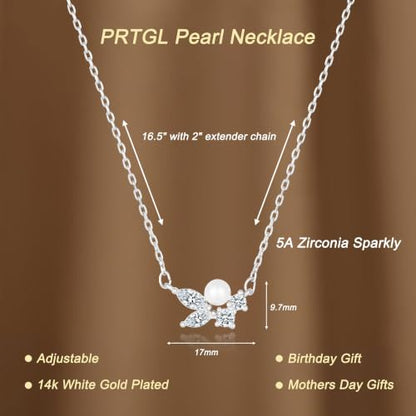Pearl Necklaces for Women 14k Gold/White Gold Plated CZ Diamond | Dainty Cubic Zirconia Necklace, Bridal Bridesmaids Wedding Jewelry Gifts - color: Silver CZ Round Pearl