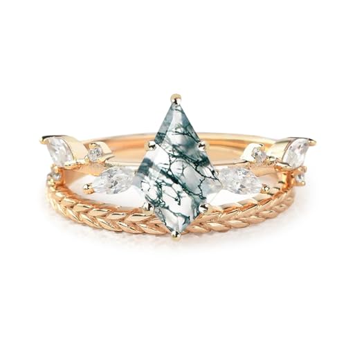 Natural Moss Agate Leafy Vintage Bridal Sets Wedding Rings for Women, 10K 14K 18K Solid Gold Kite-Cut Green Moss Agate and Moissanite Engagement Ring for Women Mother Her Jewelry Gift - color: 04-style4