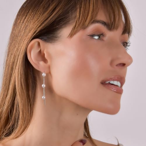Threader Pearl Earrings for Women - Long Dangle with Simulated Pearls | Plated in Gold Tone or Silver Tone - color: Multi Simulated Pearl - Silver Tone