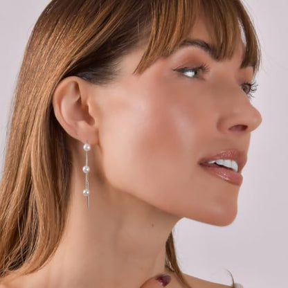 Threader Pearl Earrings for Women - Long Dangle with Simulated Pearls | Plated in Gold Tone or Silver Tone - color: Multi Simulated Pearl - Silver Tone
