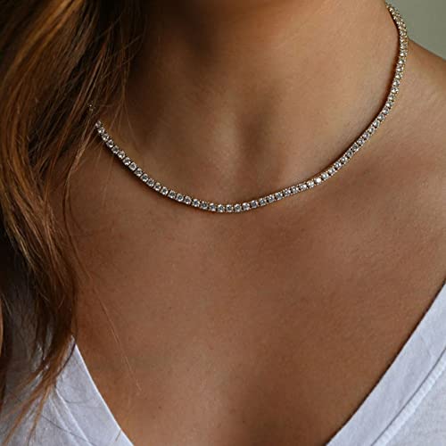 HERIER Tennis Necklace for Women 14K Gold Plated or Silver Rhinestone Choker Necklaces Dainty Zirconia Cut Faux Diamond chain 3mm - color: Silver-tennis