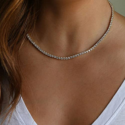 HERIER Tennis Necklace for Women 14K Gold Plated or Silver Rhinestone Choker Necklaces Dainty Zirconia Cut Faux Diamond chain 3mm - color: Silver-tennis