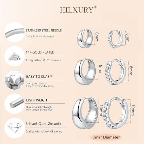 HILXURY 6 Pairs Small Gold Huggie Hoop Earrings for Women, 14K Gold Plated Cartilage Piercings Hoop Earrings Hypoallergenic, Trendy Lightweight Chunky Hoops Set for Women Gifts. - color: E- Silver