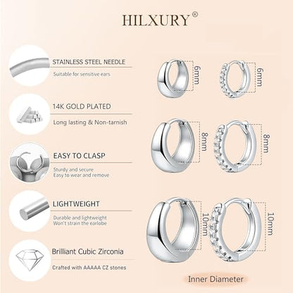 HILXURY 6 Pairs Small Gold Huggie Hoop Earrings for Women, 14K Gold Plated Cartilage Piercings Hoop Earrings Hypoallergenic, Trendy Lightweight Chunky Hoops Set for Women Gifts. - color: E- Silver