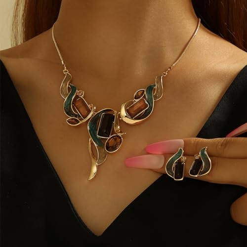 Chunky Statement Jewelry Set Vintage Retro Leaf Flower Floral Geometric Bohemian Boho Bib Necklace Earring Set Fashion Costume Jewelry for Women Girls Wedding Party Prom Unique Gift - style: Rectangle-blue