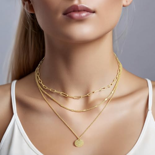 Yowivon Layered Gold Necklaces for Women, Dainty 14K Gold Plated Pendant Necklace, Non Tarnish Cubic Zirconia Stack Choker Necklace, Adjustable Hypoallergenic Trendy Jewelry Gift for Her - style: Gold-Coin Pendant