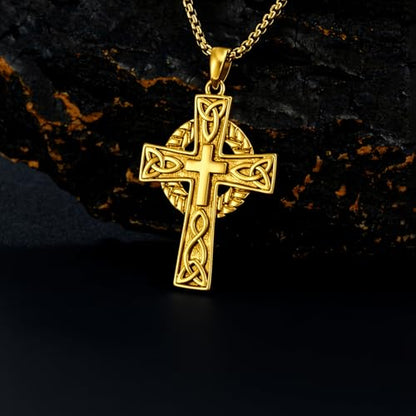 Celtic Cross Necklace For Men ，18K Gold Plated Celtic Cross Celtic Amulet Necklace Protection Jewelry Religious Gifts with 2.5mm 22"+2" Adjustable Rolo Chain - style: style5
