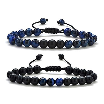 M MOOHAM Mens Bracelet - Beaded Natural Stone 8mm Tiger Eye Matte Agate Lava Rock Bracelets for Men Teen Boys Grandpa Dad Birthday Gifts Jewelry - style: Blue Tiger Eye&Matte Agate Bracelets
