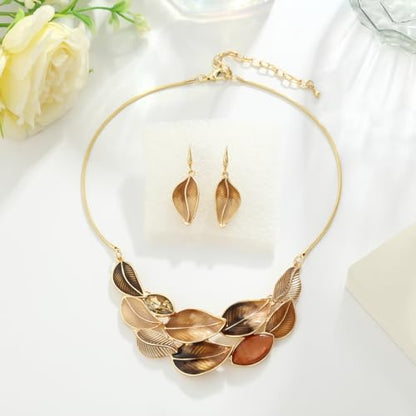 Vintage Statement Jewelry Set - Chunky Flower Floral Plant Geometric Resin Bib Necklace Earring Set Bohemian Boho Crystal Rhinestone Fashion Jewelry for Women Bridal Party Prom Unique Gift - style: MLJS2605-Brown
