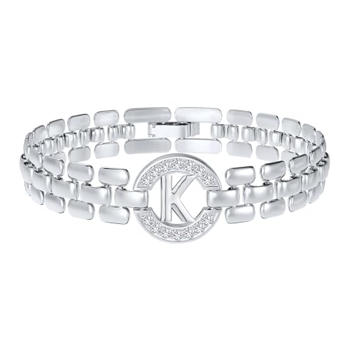 WEDDINEN Initial Bracelets for Women, 14K Gold Plated Letter A-Z Bracelets with Diamonds,Thick Chain Bracelet for Women trendy Jewelry Gifts - color: Silver-K