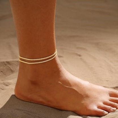 ASCOMY Ankle Bracelets for Women 14K Gold/Silver Plated Anklets for Women Waterproof Layered Cute Beads Dot Shining Twist Rope Chain Pearl Bar Link Heart Anklets Summer Beach Foot Chain Jewelry Gifts - style: Sparkling Twist Rope-GD