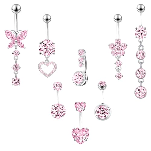 LEE&RO Belly Button Ring Dangle Stainless Steel Belly Rings 14G Belly Button Piercing Cute Navel Ring Belly Piercing Jewelry - style: Clear-Pink