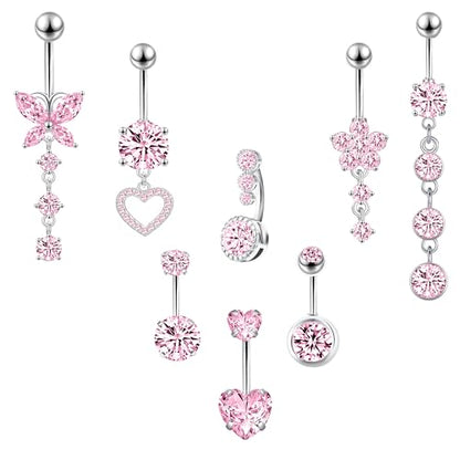 LEE&RO Belly Button Ring Dangle Stainless Steel Belly Rings 14G Belly Button Piercing Cute Navel Ring Belly Piercing Jewelry - style: Clear-Pink