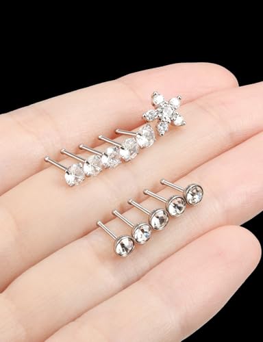 Prjndjw 20G Big Nose Stud Large Nose Studs Surgical Stainless Steel Straight Nose Studs 4mm CZ Paved CZ Nose Rings with 6-CZ Flower Ring for Women Men 11 Pieces - color: 4mm CZ Big 18G Silver Straight Nose Stud
