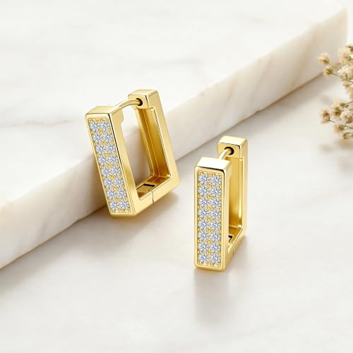 Silver Hoop Earrings for Women Gold Square Huggie Earring for Daily Wear | ALEXCRAFT Hypoallergenic Small Cubic Zirconia Silver Earring Thin Hoop Huggie Earrings for Women Fashion Jewelry Gifts - color: 14K Gold