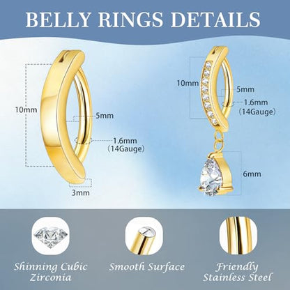 3-12 Pcs 14G Belly Button Rings Belly Rings for Women CZ Opal Navel Rings Belly Piercings Jewelry Belly Barbells Stainless Steel Body Belly Button Piercing Jewelry - color: Gold-Dangle/Clicker Belly Hoop-2pcs