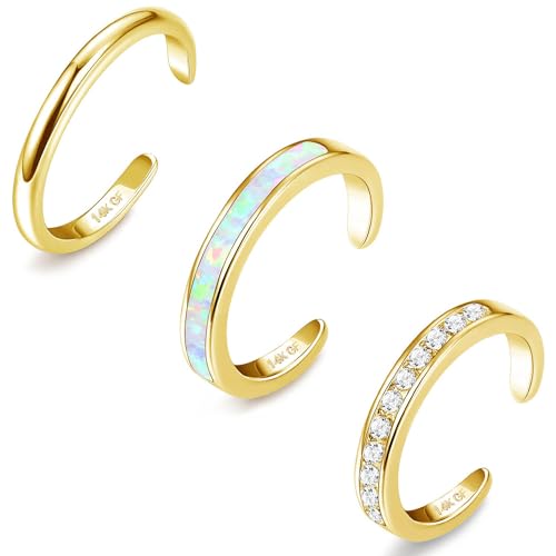 Jstyle 3PCS 14K Gold Filled Toe Rings for Women Adjustable Silver Gold Toe Ring Set Cute Opal CZ Daisy Flower Toe Rings Open Band Hawaiian Beach Summer Foot Jewelry for Women - color: Gold