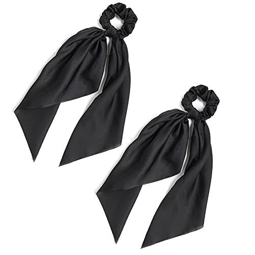 Pack of 2 Knotted Bow Hair Scrunchies Elastic Hair Scarf Black Hair Ties Bands Satin Hair Ribbon Scrunchy Red Ponytail Holder for Women and Girls (Black) - color: Black