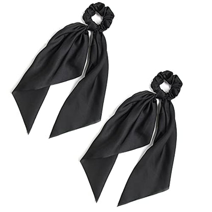 Pack of 2 Knotted Bow Hair Scrunchies Elastic Hair Scarf Black Hair Ties Bands Satin Hair Ribbon Scrunchy Red Ponytail Holder for Women and Girls (Black) - color: Black