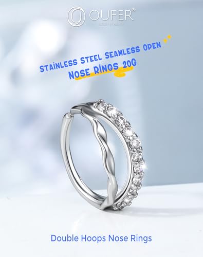 OUFER Nose Rings Silver, 20G Double Hoop 8MM Nose Rings, Seamless Stainless Steel Rook Daith Piercing Jewelry for Women & Men - style: Style4-Sliver Ripple