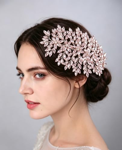 Bridal Rhinestone Hair Comb Large Rhienstone Wedding Headpiece Handmade Crystal Hair Comb for Bride Wedding Hair Accessories for Women (pink) - color: pink
