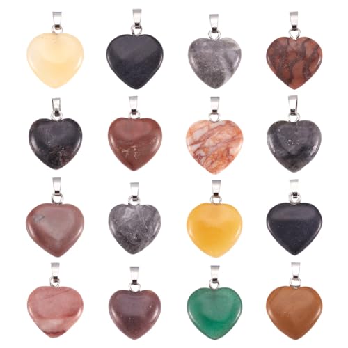 20Pcs Heart Shaped Stone Pendants 15 Styles Healing Crystal Chakra Gemstone Rock Necklace Charms for Jewelry Making Hole: 2x5mm - color: 1-Mixed Color-Heart-Random 20pcs