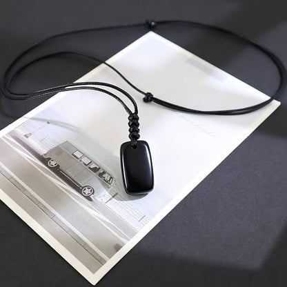 Natural Gemstone Pendant Necklace Healing Crystal Choker Necklace Adjustable Waxed Black Rope for Women Men - color: Obsidian