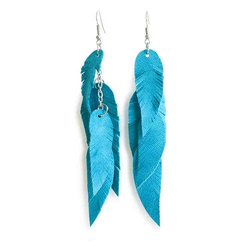 Leather Feather Earrings, Suede layered earrings, boho wedding jewelry, summer earrings, gift for her, dangle earrings - color: turquoise blue
