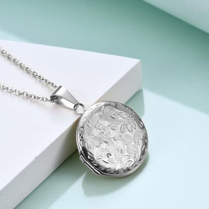2 Pcs Locket Necklace that Holds Pictures Stainless Steel Locket Pendant Necklace Image Chain Necklaces for Women - color: Round