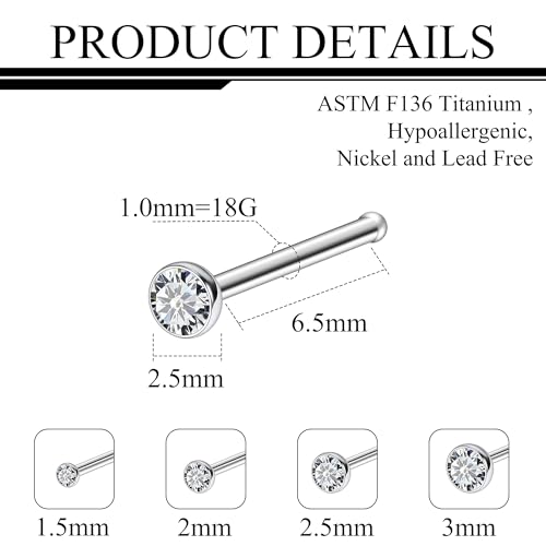 ASTM F136 Titanium Nose Rings 18G 20G 22G Jeweled Clear Round Cubic Zirconia Nose Studs Ring Screw L-Shaped Bone Hypoallergenic Body Piercing Jewelry for Women 1.5mm 2mm 2.5mm 3mm 4PCS - style: Bone:18G(1.0mm)