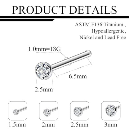 ASTM F136 Titanium Nose Rings 18G 20G 22G Jeweled Clear Round Cubic Zirconia Nose Studs Ring Screw L-Shaped Bone Hypoallergenic Body Piercing Jewelry for Women 1.5mm 2mm 2.5mm 3mm 4PCS - style: Bone:18G(1.0mm)