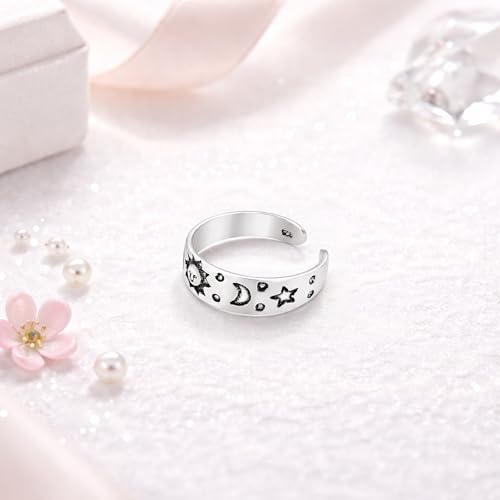 AeraVida .925 Sterling Silver Adjustable Toe Ring or Pinky Ring 5mm Wide Open Band, Stackable Minimalist Summer Foot Jewelry | Sun Moon Star Turtle Butterfly Leaf Olive Branch Ocean Wave Yin Yang Design - style: Celestial Sky 5