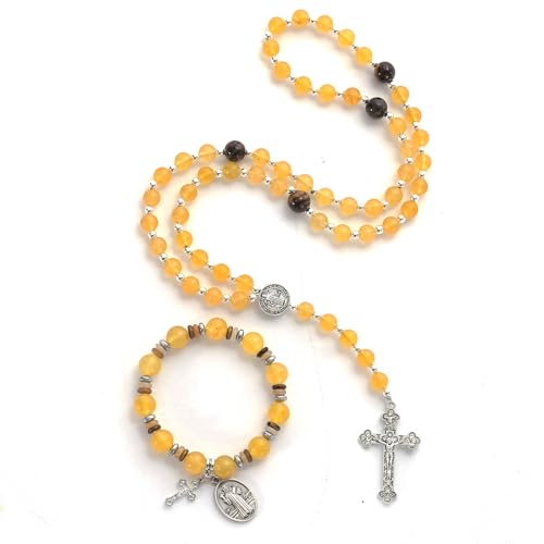 Rosary for Men Women, Natural Stone Beads with St. Benedict Bracelet | 8 mm Natural Stone Prayer Beads with 10 mm Accent Beads, St. Benedict Crucifix, Matching Bracelet, Gift Box and Pouch. - color: Yellow
