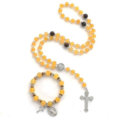 Rosary for Men Women, Natural Stone Beads with St. Benedict Bracelet | 8 mm Natural Stone Prayer Beads with 10 mm Accent Beads, St. Benedict Crucifix, Matching Bracelet, Gift Box and Pouch. - color: Yellow