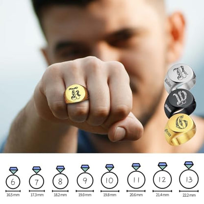 Custom Signet Ring for Men Personalized Initial Ring Custom Mens Rings Engraved Ring Customized Memorial Graduation Gifts for Father Husband Boyfriend Friends - color: Round Black