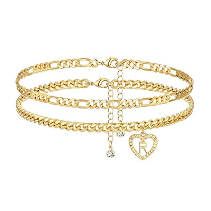 YANODA Initial Ankle Bracelets for Women 14K Gold Plated Layered Figaro Cuban Chain Letter Initial Anklets Handmade Letter A-Z Gold Anklets for Women Foot Jewelry Gifts - color: R