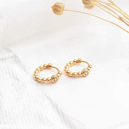 Huggie Hoop Earrings 14K Gold Plated Cubic Zirconia Dainty Simple Cute Beads Elegant CZ Circle Small Hoop Earring for Women Minimalist Handmade Hypoallergenic Jewelry - color: Beaded CZ