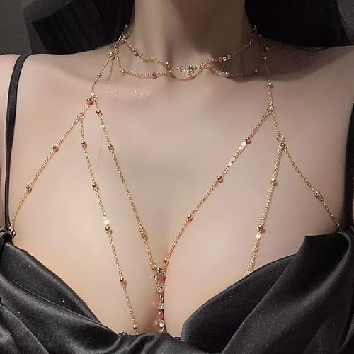 Body Chain Jewelry for Women, Layered Waist Chain for Bikinis | Sexy Body Jewelry, Adjustable Fit, Chest Belly Chain, Gold & Silver Options, Beach Vacation, Festivals Raves & Concerts - style: 4 Diamonds Neckchain1