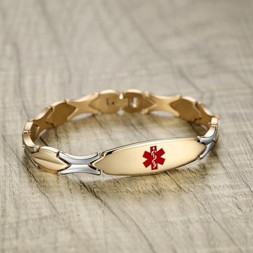LinnaLove Fashion Shiny medical alert bracelet with Free Engraving Stainless steel Medical id bracelet for Women - color: GOLD