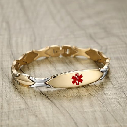 LinnaLove Fashion Shiny medical alert bracelet with Free Engraving Stainless steel Medical id bracelet for Women - color: GOLD