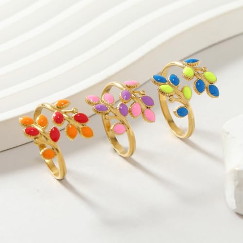 18K Gold Plated Floral Leaf Ring for Women Promise Engagement Open Ring Adjustable Wrap Colorful Jewelry Gift - color: Blue
